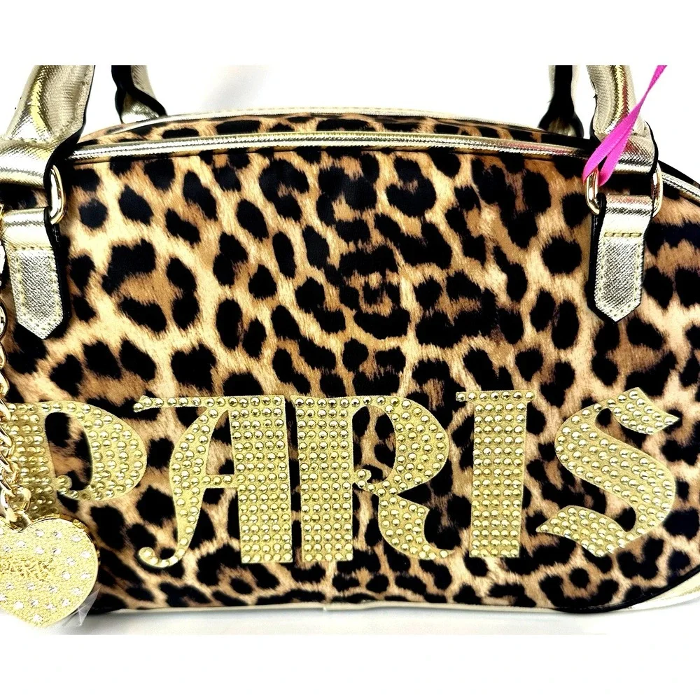 Paris Hilton Leopard Bowler Bag Rhinestone Logo Gold Heart Charm‎ Y2K